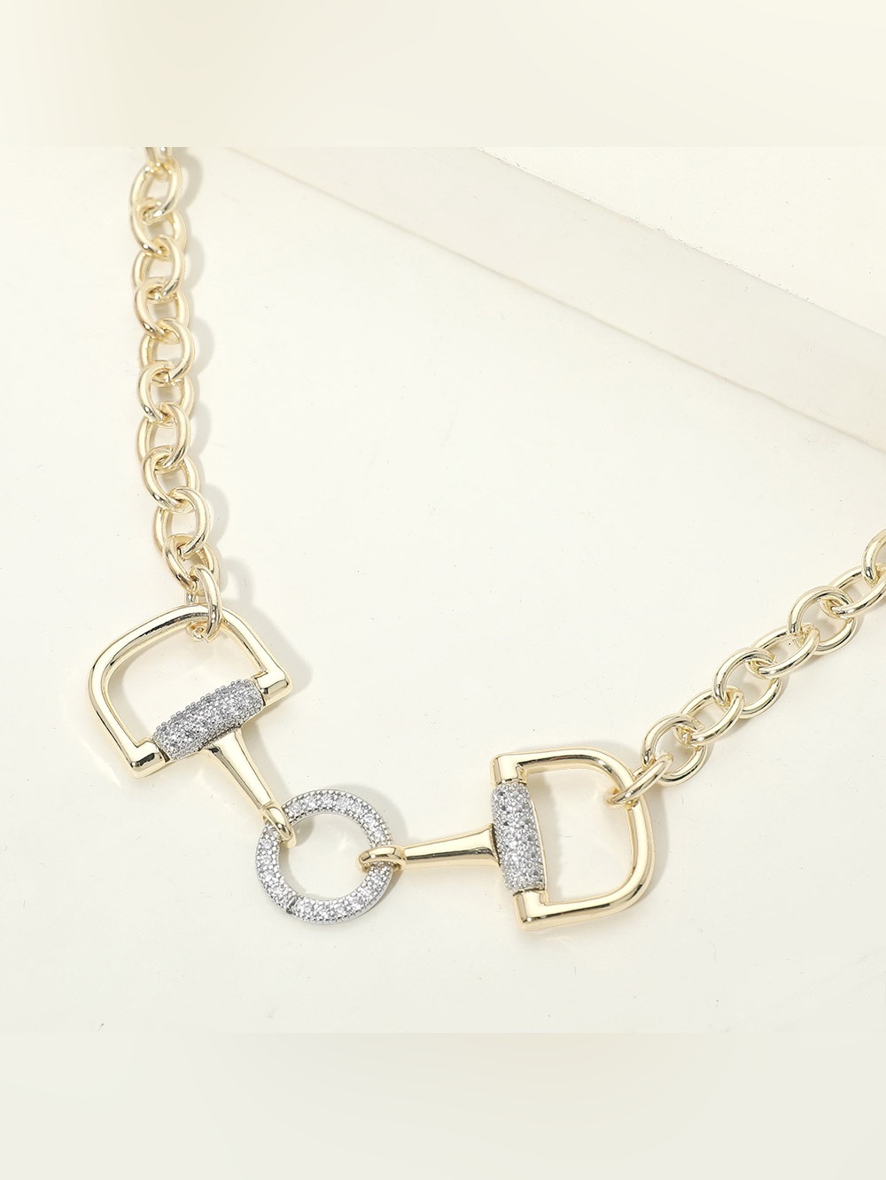 14K Gold Plated CZ Pave Horsebit Link Chain Necklace